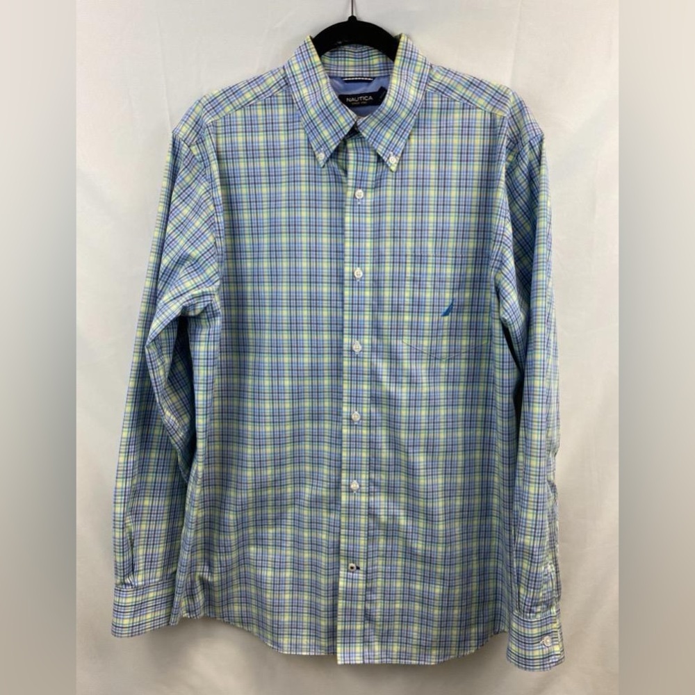 Nautica Men's Blue Yellow Plaid Button Down Long Sleeve Classic Fit Oxford Shirt
